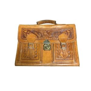 Vintage Mexican Hand Tooled Leather Briefcase Aztec Calendar Eagle Satchel Bag